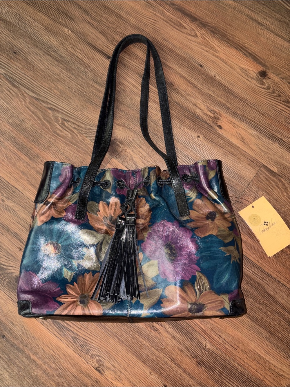 PATRICIA NASH Witney Peruvian Painting Leather Drawstring Tassel Bag Floral!NWT